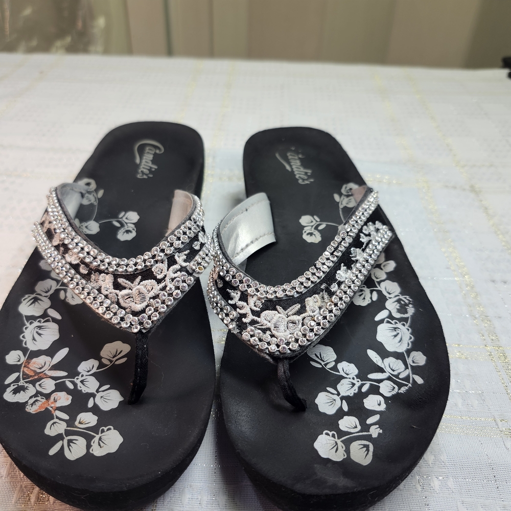Candie's Black Rhinestone Floral Thong Sandals